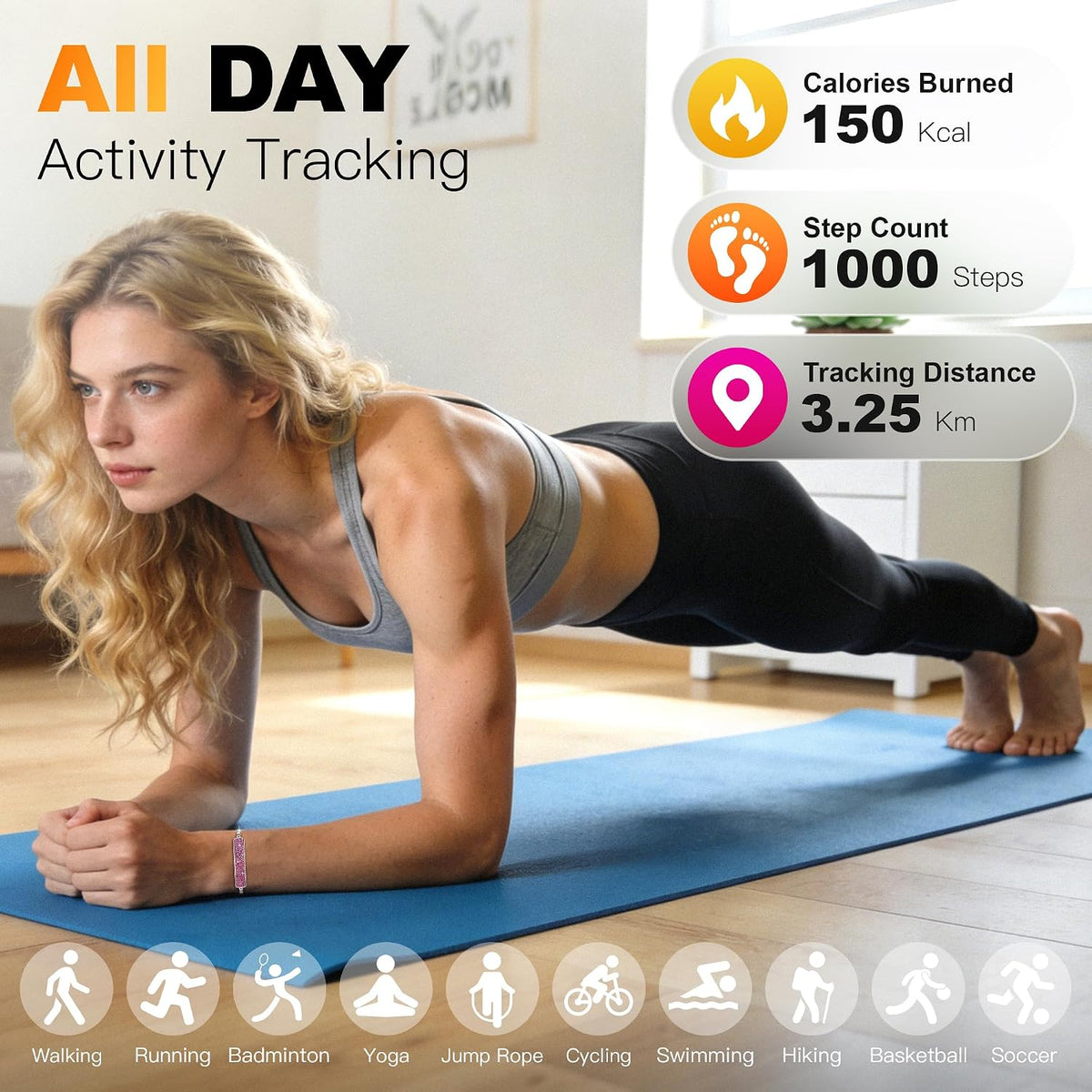 Smart Bracelet for Women - Fitness Tracker with Heart Rate, Sleep & Step Counter, 1ATM Water Resistant, Multi-Sport Modes, Free App Compatible, Comes with 2 Replacement Bands, Pink