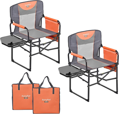 SUNNYFEEL Oversized Camping Chair Portable Directors Chairs with Side Table Heavy Duty Folding Lawn Chair for Adults 300LBS with Compact Size, Breathable Mesh, Pocket & Carry Bag for Outdoor, Lawn, RV