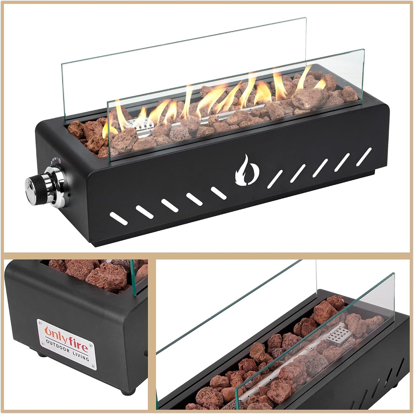 18" Propane Gas Fire Pit Side-Mounted, Portable Tabletop Fireplace, FP026 Modern Firepit with Lava Rocks, Glass Shield and 6.8FT Hose for Outdoor Patio Backyard Porch Camping RV Tailgating