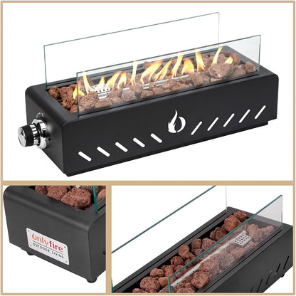 18" Propane Gas Fire Pit Side-Mounted, Portable Tabletop Fireplace, FP026 Modern Firepit with Lava Rocks, Glass Shield and 6.8FT Hose for Outdoor Patio Backyard Porch Camping RV Tailgating