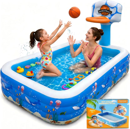 Inflatable Swimming Pool, 120" x 72" x 24", 380-Gallon Rectangular Family Pool with Thickened PVC, Anti-Slip Inflatable Floor for Kids & Adults, Backyard Garden Lawn