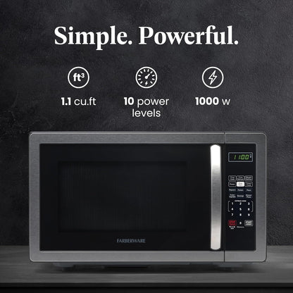 Farberware 1.1 Cu. Ft. Countertop Microwave Oven – 1000 Watts Power, Auto Cook Settings, Defrost, Easy Clean and Child Safety Lock - Stainless