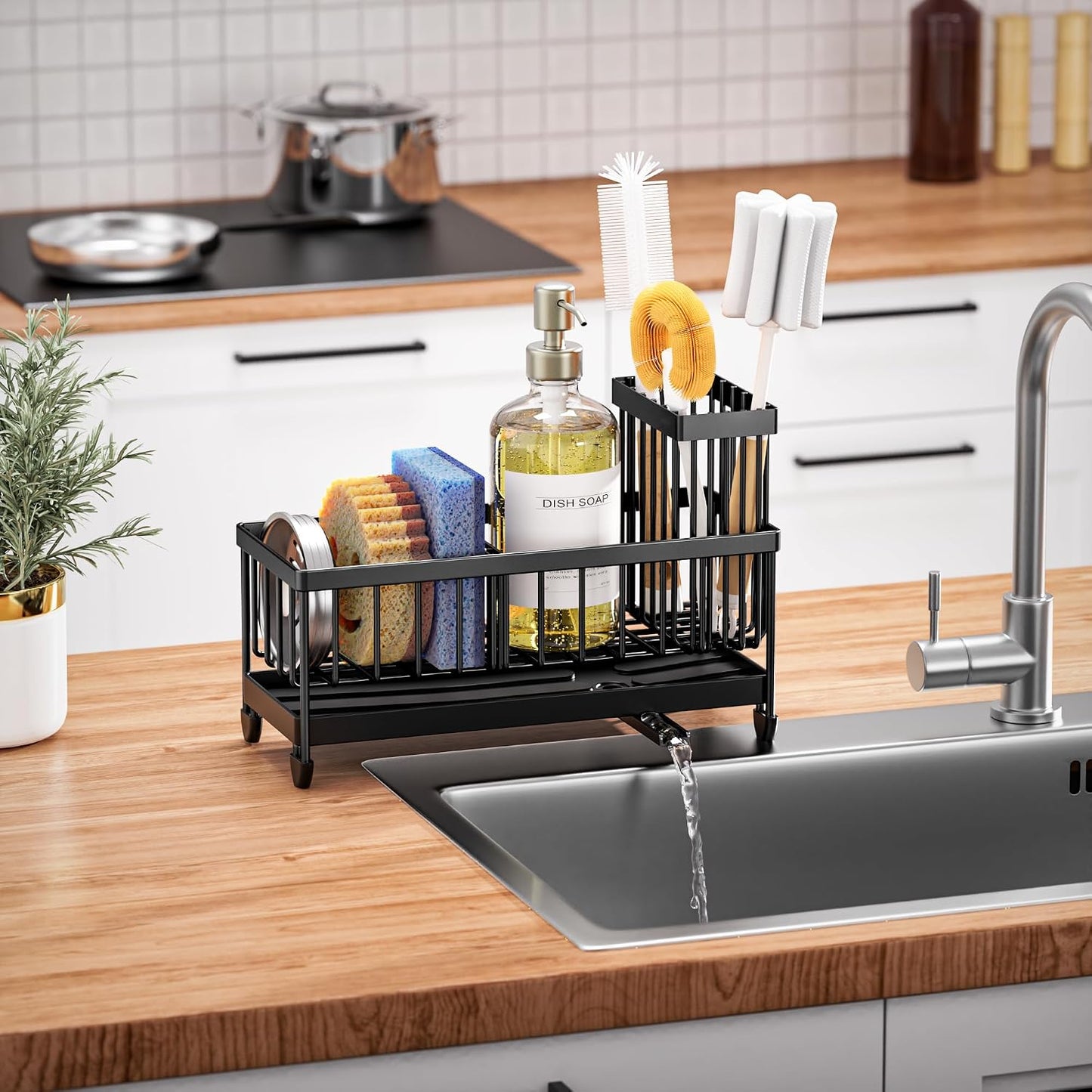 Cisily Kitchen Sink Sponge Holder & Brush Organizer Black