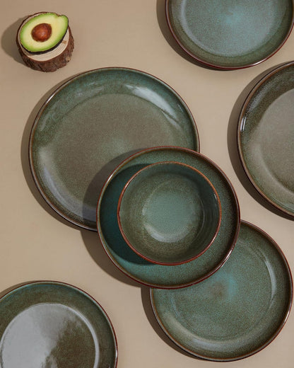 Pokini 32-Piece Stoneware Dinnerware Set for 8, Reactive Glaze Plates & Bowls, Microwave & Dishwasher Safe, Brown Green