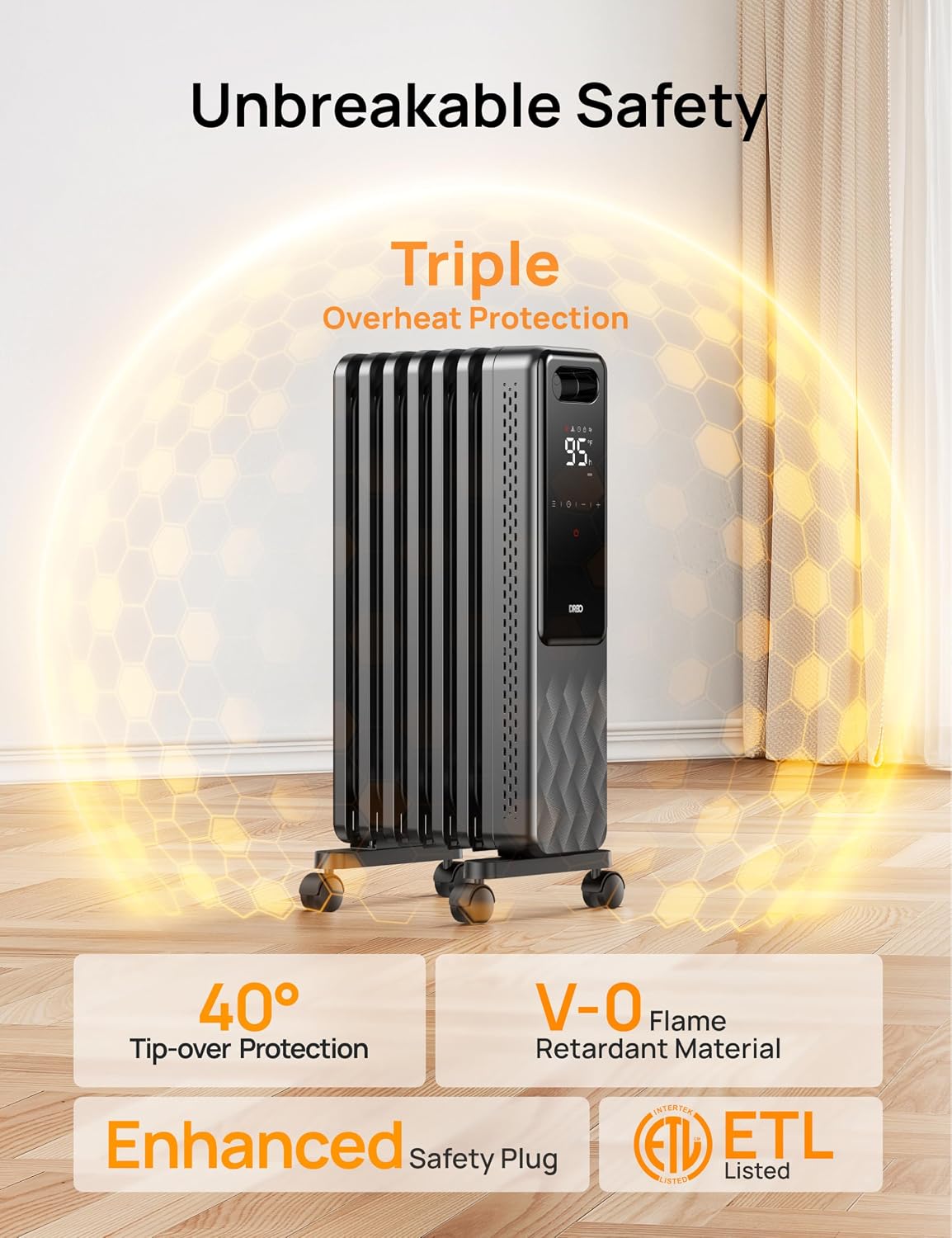 DREO Oil Filled Radiator Heater, Electric Heaters for indoor use Large Room Quiet, Digital Thermostat, ECO, Remote Control, 4 Modes, Child Lock, Overheat & Tip-Over Protection, 24h Timer, 1500W, Grey