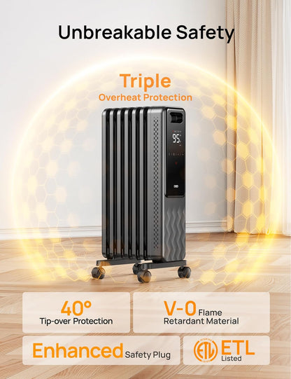 DREO Oil Filled Radiator Heater, Electric Heaters for indoor use Large Room Quiet, Digital Thermostat, ECO, Remote Control, 4 Modes, Child Lock, Overheat & Tip-Over Protection, 24h Timer, 1500W, Grey