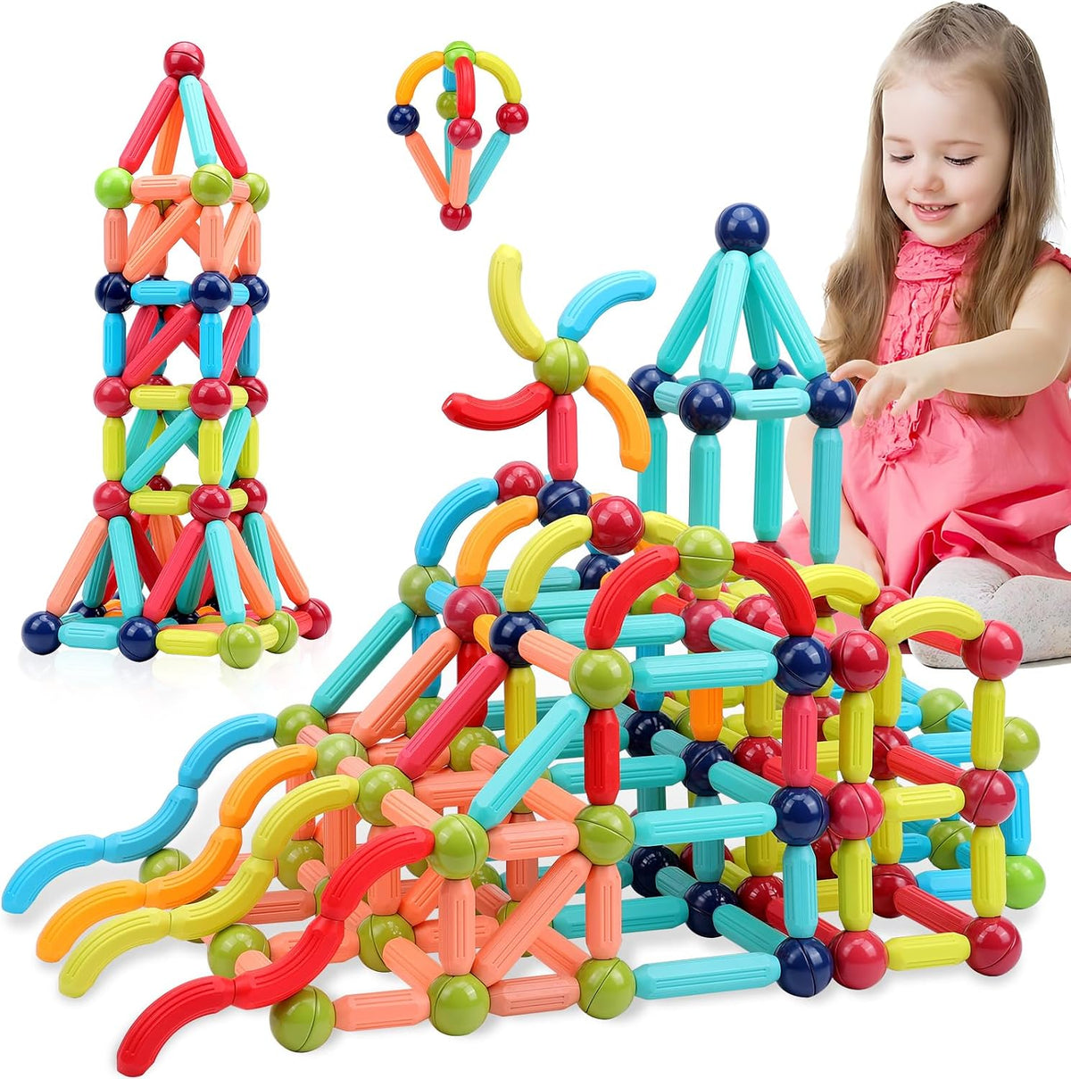 COUOMOXA Magnetic Building Blocks for Toddlers, 42-Piece STEM Educational Magnetic Stick Montessori Construction Set for Kids Ages 3-5, ABS Preschool Learning Toy for Boys & Girls