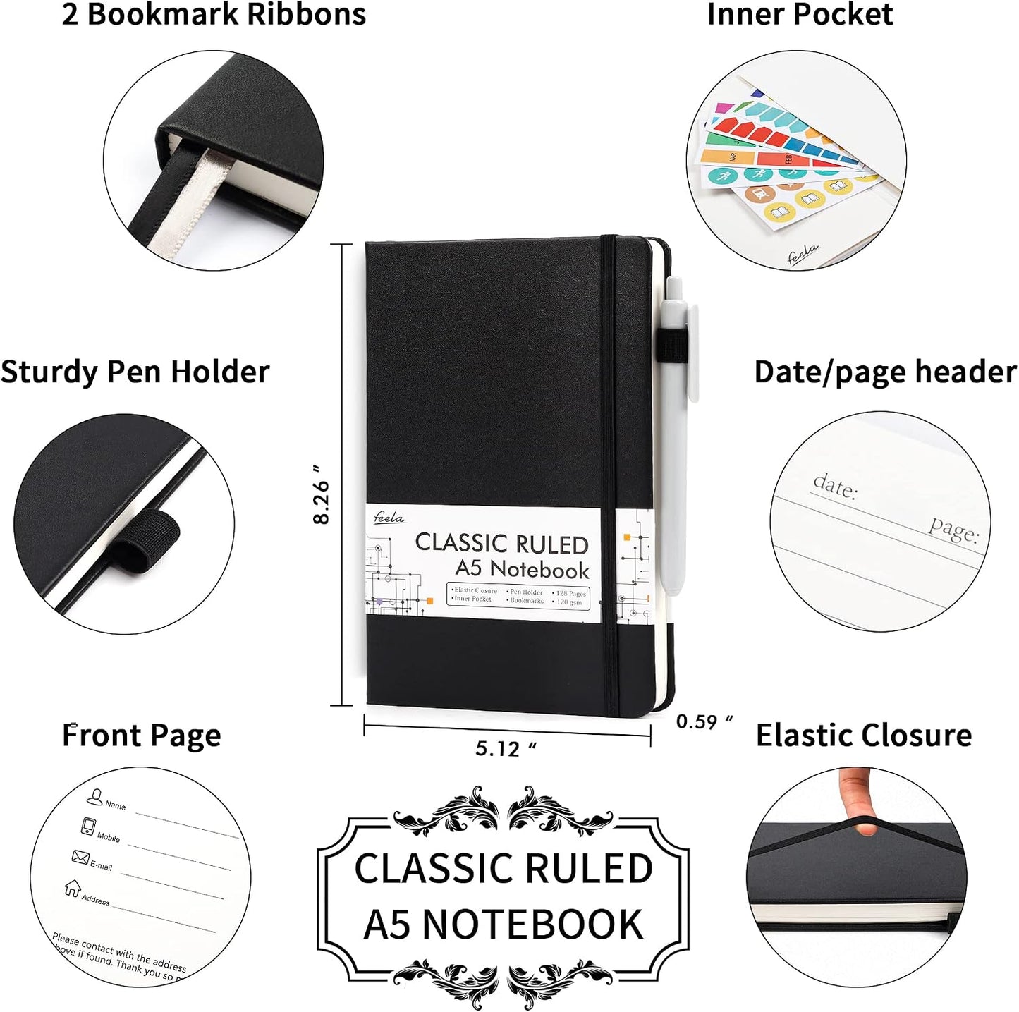 Feela 12 Pack Notebooks Journals Bulk with 12 Black Pens, A5 Hardcover Ruled Journal Set with Pen Holder, 120 GSM, 5.1” x 8.3”, Black