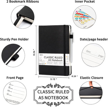 Feela 12 Pack Notebooks Journals Bulk with 12 Black Pens, A5 Hardcover Ruled Journal Set with Pen Holder, 120 GSM, 5.1” x 8.3”, Black