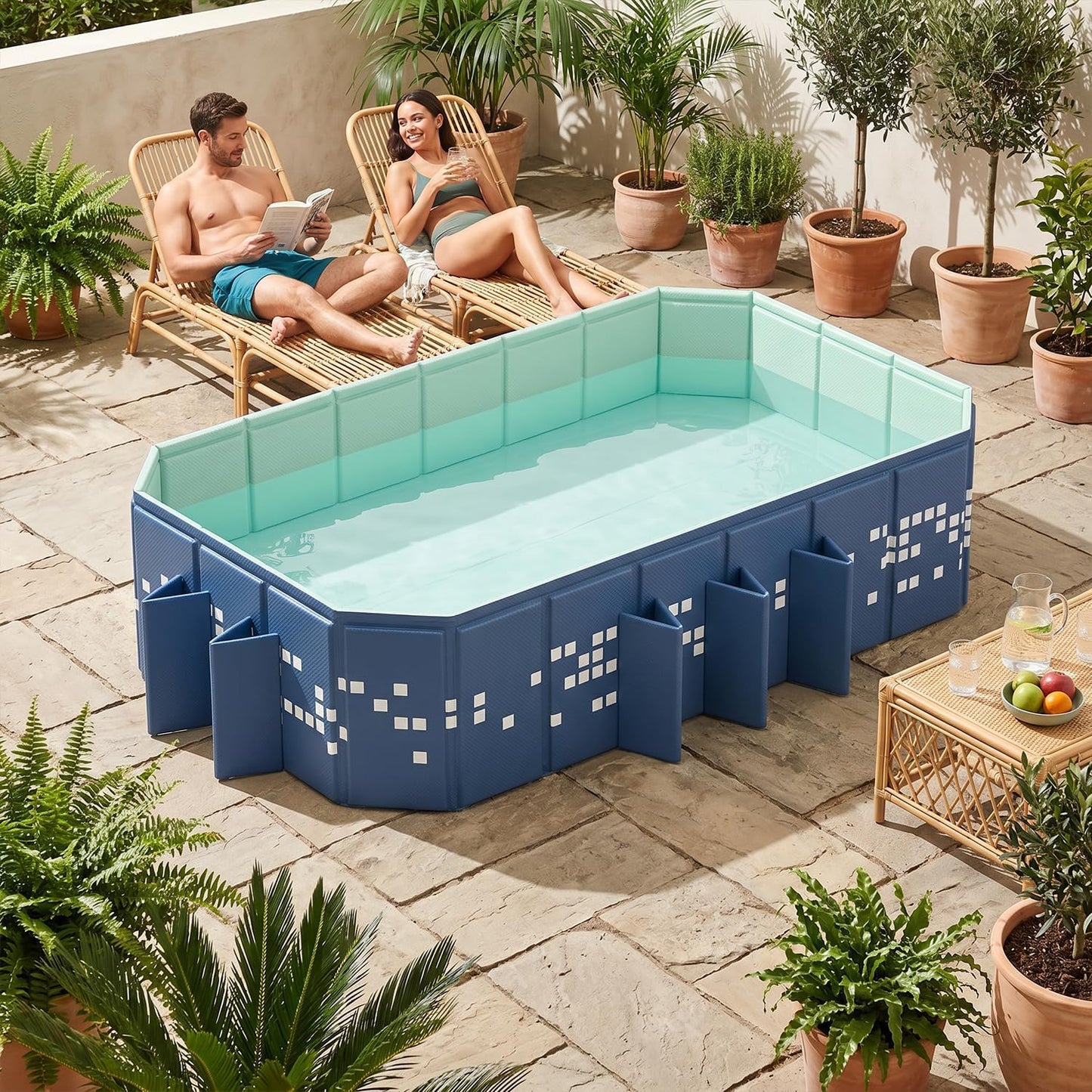 Large Foldable Swimming Pool 87 x 53 x 20 Inch, Non-Inflatable Rectangular Pool with Mosaic Design, Anti-Slip Portable Pool for Kids and Adults, Backyard Outdoor Pool