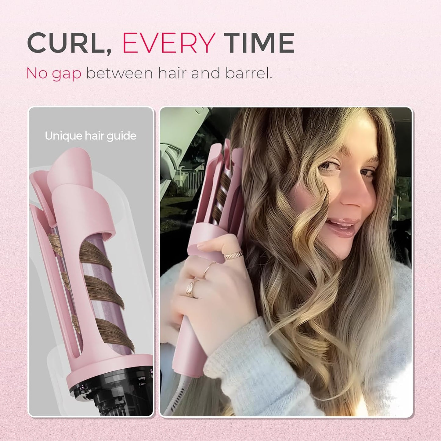 TYMO Automatic Rotating Curling Iron, TYMO CURLPRO Beach Waves Hair Curler 500 Million Ionic Curling Wand, Dual Voltage, Portable Lightweight for Travel, Ceramic Coating, 1 Inch, Pink