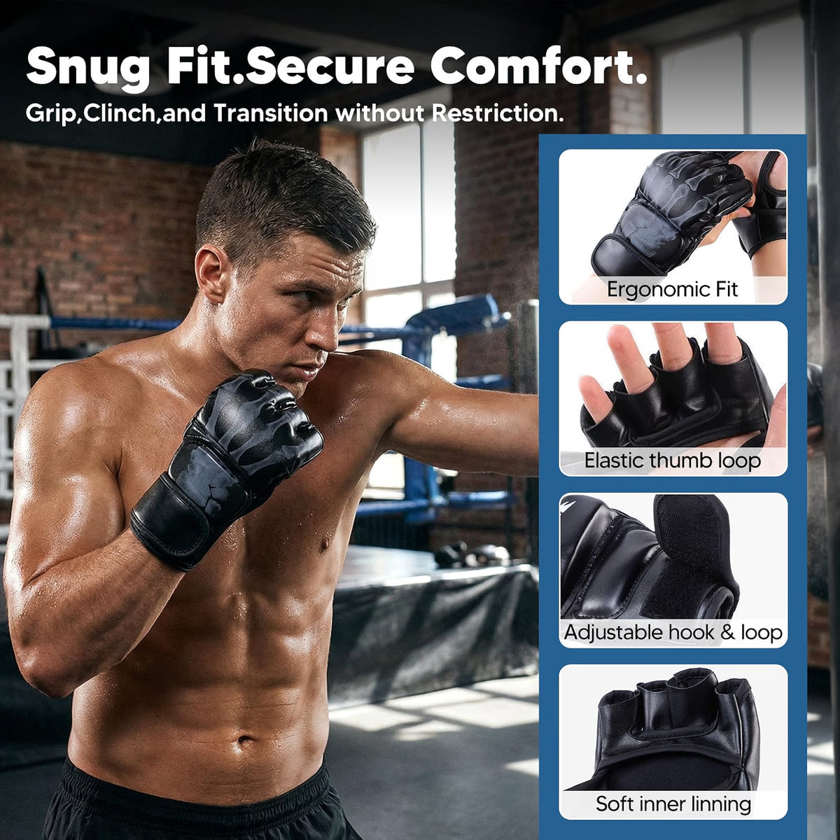 HyperionFlo Essentials 2-Pair MMA Gloves, Open-Finger Sparring & Training Gloves with Adjustable Hook-and-Loop Wrist Straps, Black & White, Large