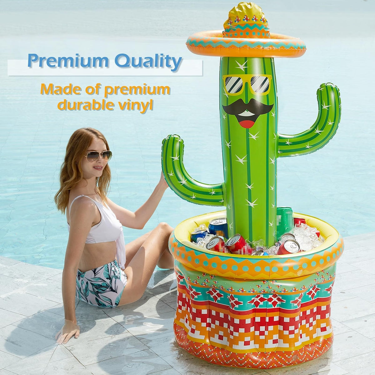 Jasonwell Inflatable Pool Party Cooler, X-Large Cactus Drink Holder & Ice Bucket with 4 Toss Rings, Inflatable Pool Party Game & Tropical Beach Decoration for Kids & Adults, Green