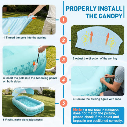 Kiddie Pool with Canopy, Extra Large Inflatable Swimming Pool with Sunshade, Reinforced PVC Family Pool with Drain Hole for Backyard, Beach and Outdoor Use
