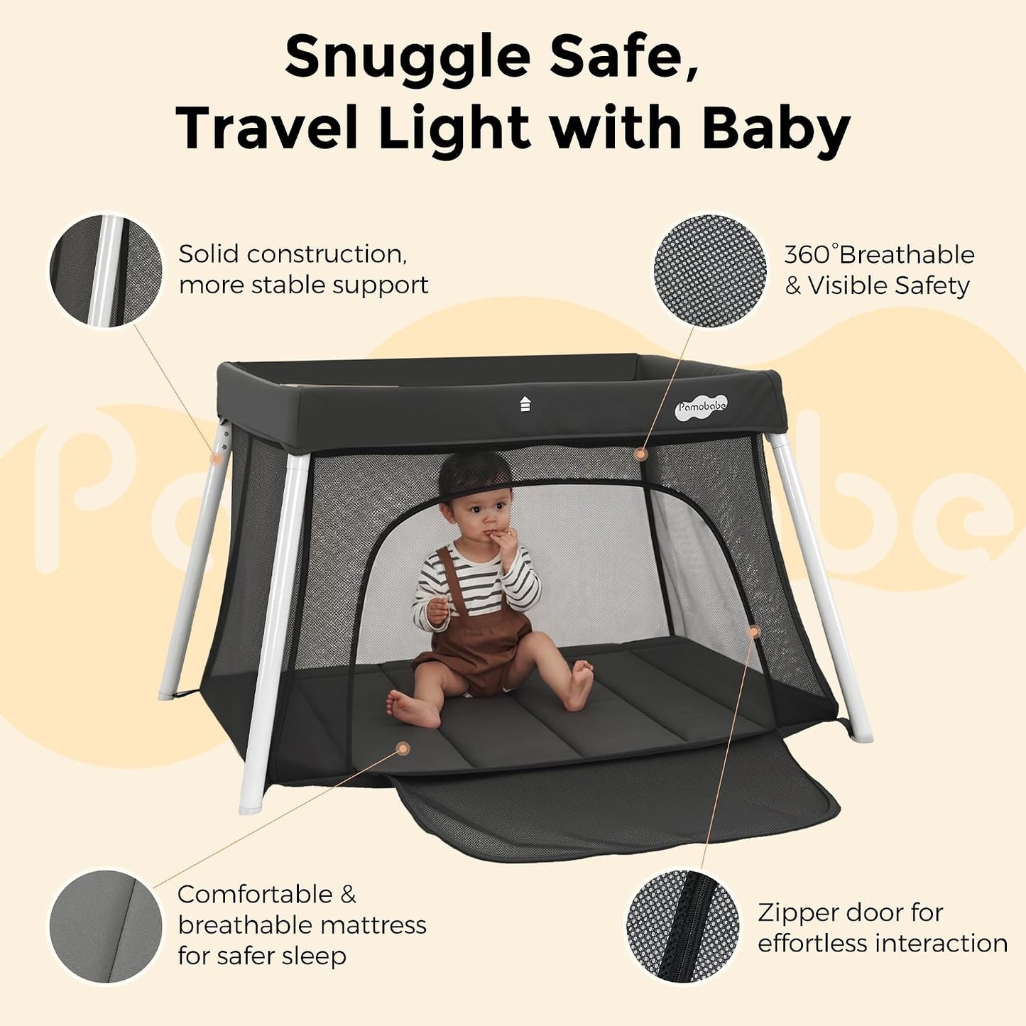 Pamo Babe Travel Pack and Play, Foldable Portable Playpen with Mattress, Infant Travel Crib, Grey