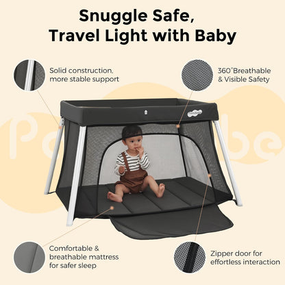 Pamo Babe Travel Pack and Play, Foldable Portable Playpen with Mattress, Infant Travel Crib, Grey