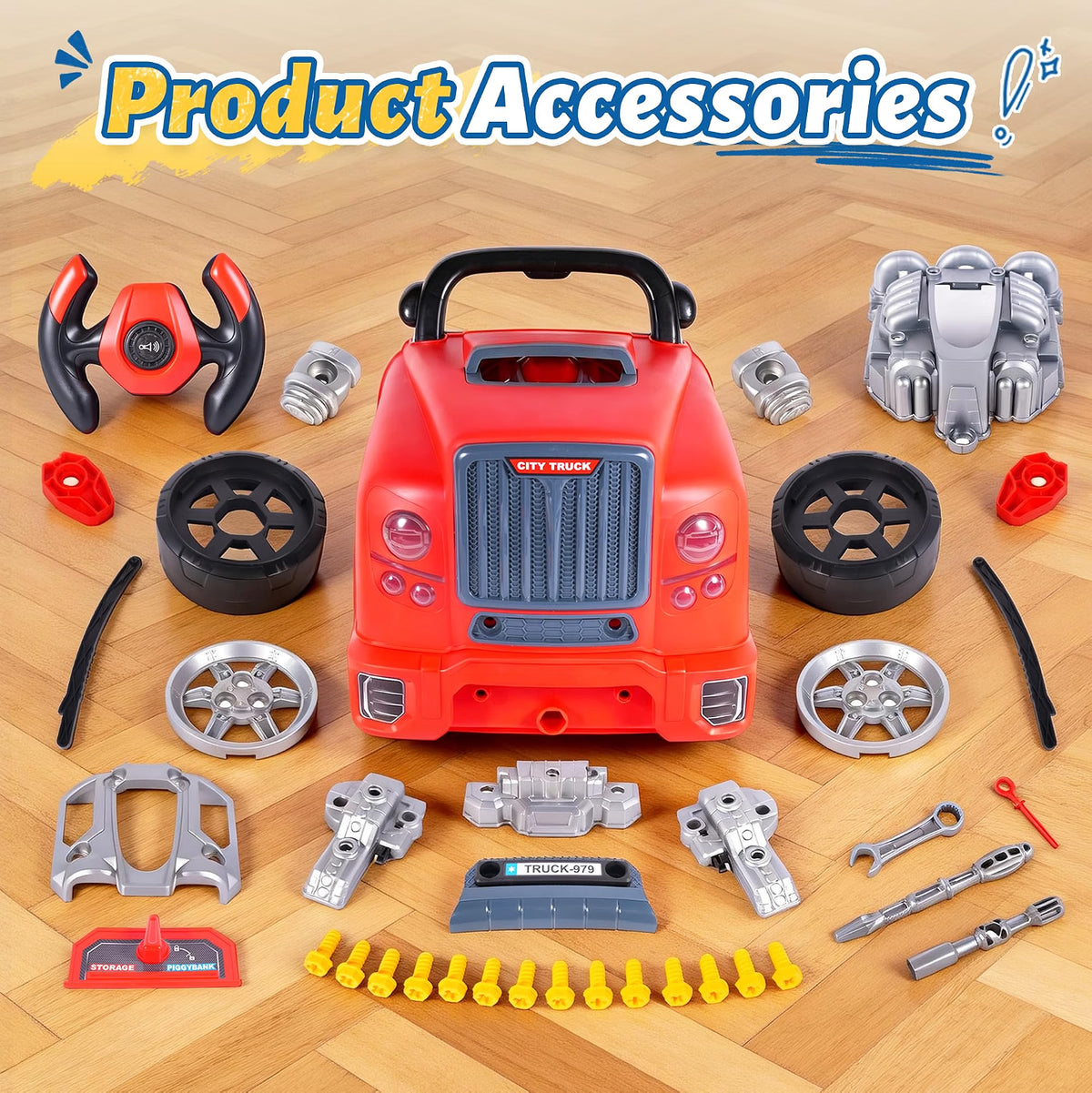 POFJOEQ Interactive Truck Engine Toy, Removable Parts Kids Mechanic Repair Set with Electric Drill, Lights & Sounds, Pretend Auto Service Station for Ages 3–5, Red
