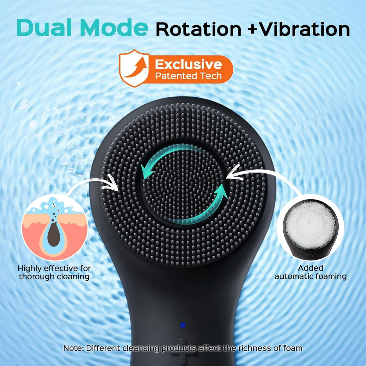 COSLUS FBS03 Face Scrubber Facial Cleansing Brush, Patented Design, Black Patented 2-in-1 Spin and Vibration with Automatic Foaming, Silicone Electric Exfoliator for Men Women, Travel, Waterproof
