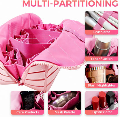 HyperionFlo Essentials Travel Makeup Organizer Bag, Fold-Down Cosmetic Organizer with Adjustable Dividers, 27 Pockets & 3 Brush Holders, Large Capacity Toiletry Case, Pink