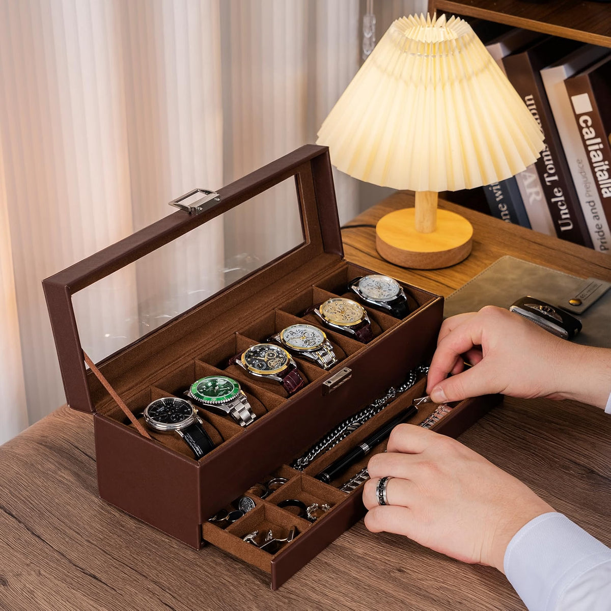 ProCase Watch Box, 6-Slot Watch Display Case with Drawer, 2-Layer Glass Lid Watch Organizer with Faux Leather & Velvet Interior, Espresso