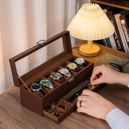 ProCase Watch Box, 6-Slot Watch Display Case with Drawer, 2-Layer Glass Lid Watch Organizer with Faux Leather & Velvet Interior, Espresso