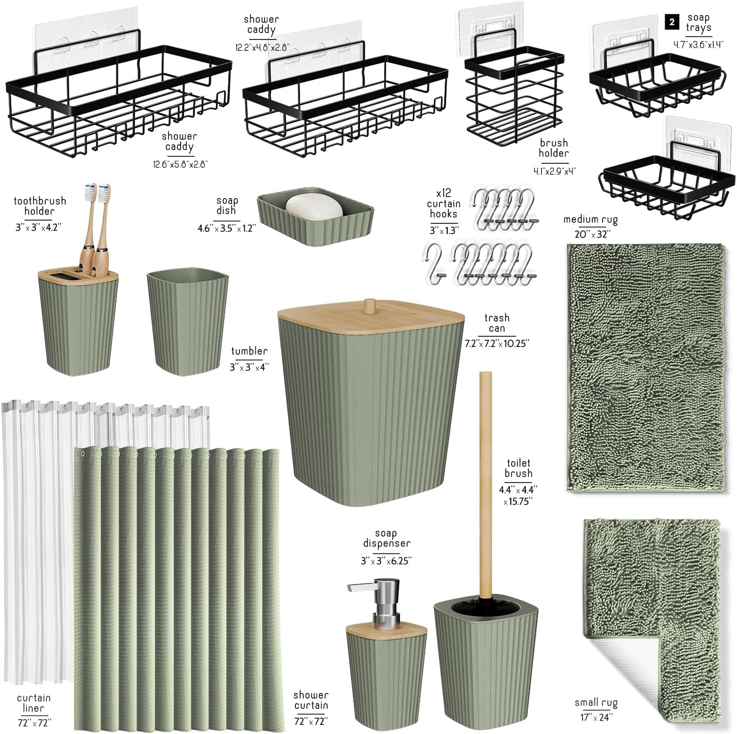 Clara Clark Bathroom Accessories Set - 27PC Bathroom Set with Adhesive Corner Shower Caddy Hanging, Bathroom Sets with Shower Curtain and Rugs, Sage Green Shower Curtain Set with Bathroom Trash Can