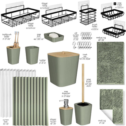 Clara Clark Bathroom Accessories Set - 27PC Bathroom Set with Adhesive Corner Shower Caddy Hanging, Bathroom Sets with Shower Curtain and Rugs, Sage Green Shower Curtain Set with Bathroom Trash Can