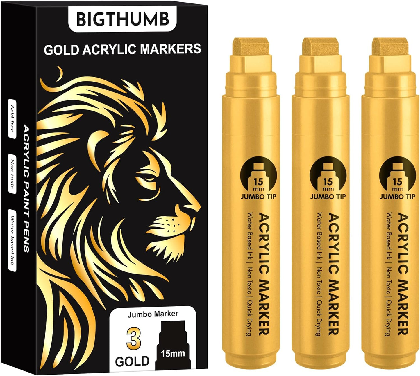 BIGTHUMB 3 Pcs Gold Jumbo Permanent Markers, 15mm Wide Tip Thick Acrylic Paint Pens, Large Calligraphy Markers for Rock Painting, Posters, Signs, Canvas, Glass, Wood & Ceramic