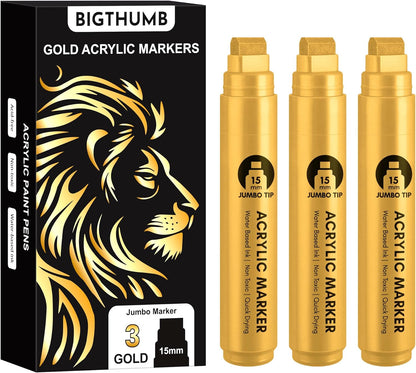 BIGTHUMB 3 Pcs Gold Jumbo Permanent Markers, 15mm Wide Tip Thick Acrylic Paint Pens, Large Calligraphy Markers for Rock Painting, Posters, Signs, Canvas, Glass, Wood & Ceramic
