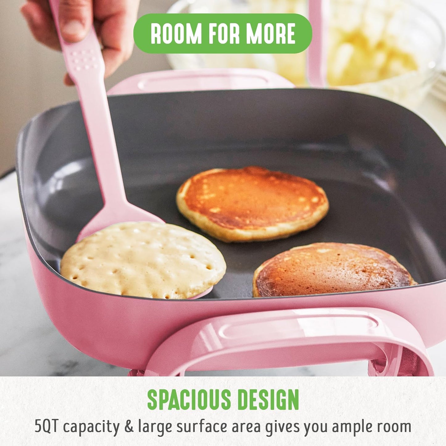 GreenLife 12" 5QT Electric Skillet, Pink PFAS-Free Ceramic Nonstick Coated Interior, Glass Vented Lid, Temperature Control, Dishwasher Safe, Pancakes, Eggs, Bacon
