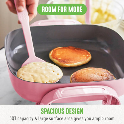 GreenLife 12" 5QT Electric Skillet, Pink PFAS-Free Ceramic Nonstick Coated Interior, Glass Vented Lid, Temperature Control, Dishwasher Safe, Pancakes, Eggs, Bacon