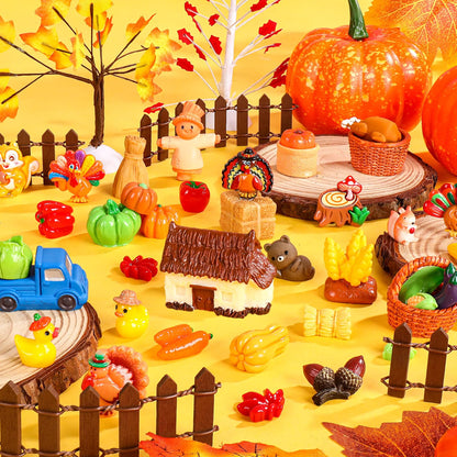 QAUYETM 50-Piece Fall Thanksgiving Mini Resin Figurines, Autumn Farm Village Decor with Pumpkins, Turkeys, Scarecrows & Harvest Accessories for Dollhouse, Garden & Table