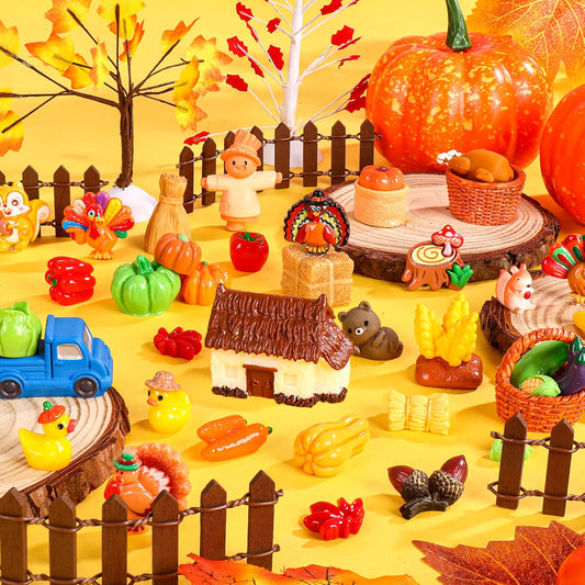 QAUYETM 50-Piece Fall Thanksgiving Mini Resin Figurines, Autumn Farm Village Decor with Pumpkins, Turkeys, Scarecrows & Harvest Accessories for Dollhouse, Garden & Table