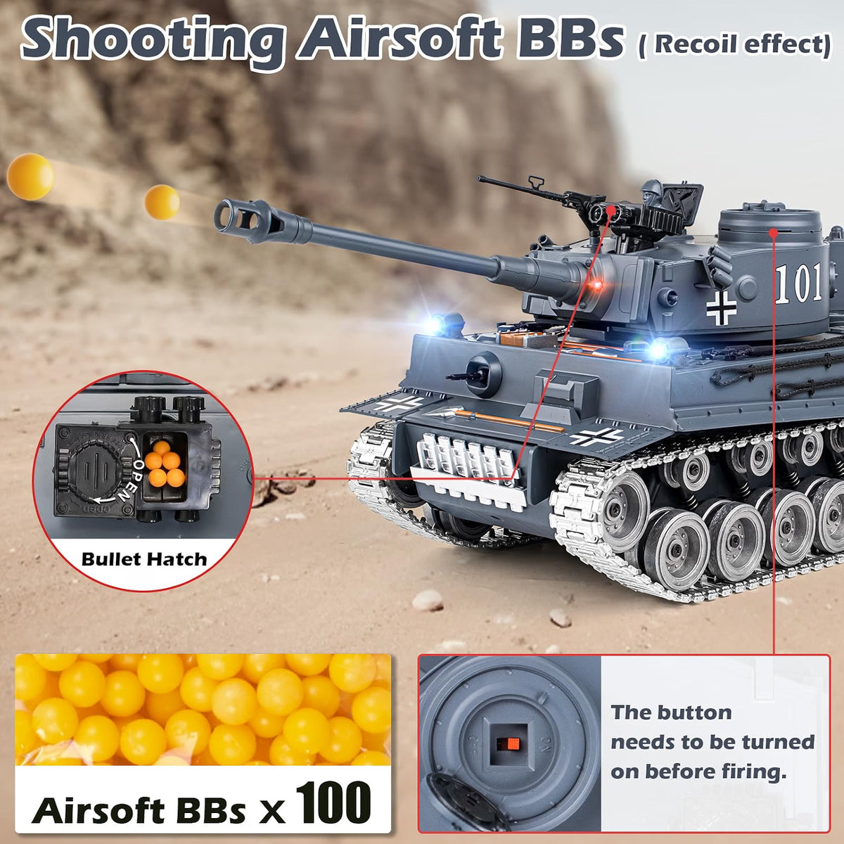 Supdex 1:18 RC Tiger I Military Tank, Alloy Metal Tracks & Wheels, 2.4GHz Remote Control Tank with Smoke, Sound & Lights, Rechargeable Toy Vehicle for Ages 8+, Grey