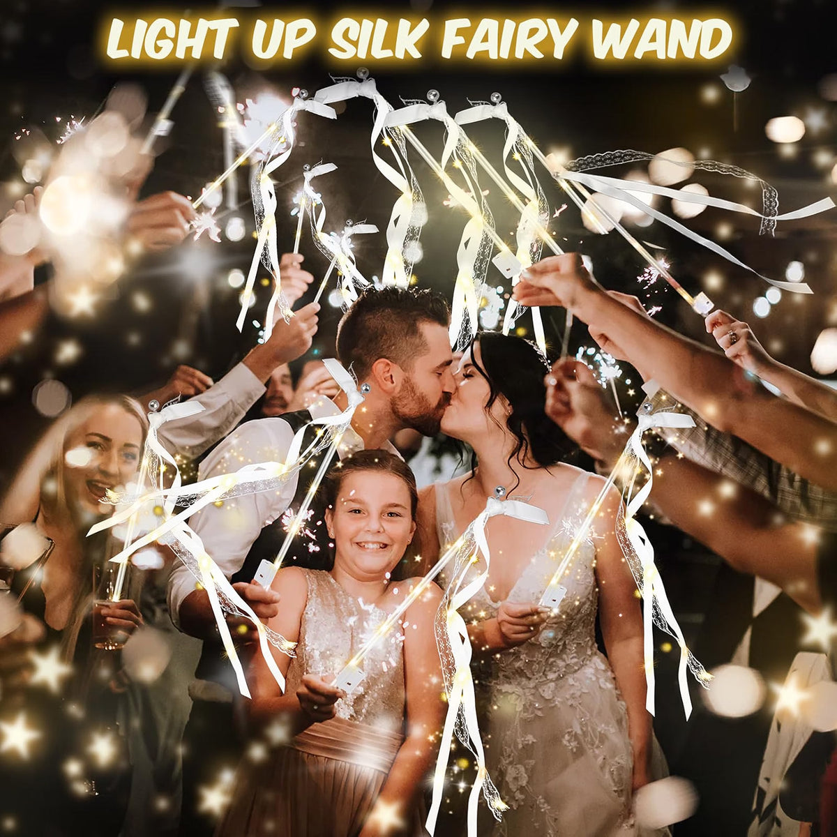 HONLYNE 100PCS Light Up Wedding Wands, LED Fairy Ribbon Wands with Bells, 3 Flashing Modes, Warm White Wedding Send-Off Streamers for Parties, Concerts & Celebrations