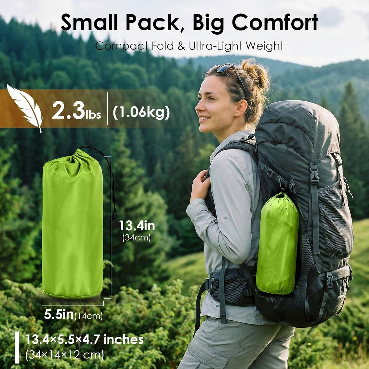 Minthouz 5-Inch Camping Sleeping Pad, Ultralight Inflatable Camping Mattress with Built-In Foot Pump, Waterproof Sleeping Mat with Carry Bag & Repair Patches, Green