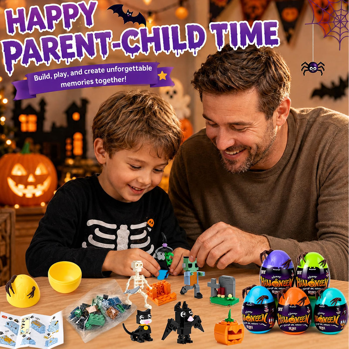 Cleboen Halloween Building Blocks Blind Eggs, 12-in-1 Haunted House Mini Building Block Sets, Surprise Eggs Party Favors for Kids Ages 6-12, Halloween Toys & Goodie Bag Stuffers