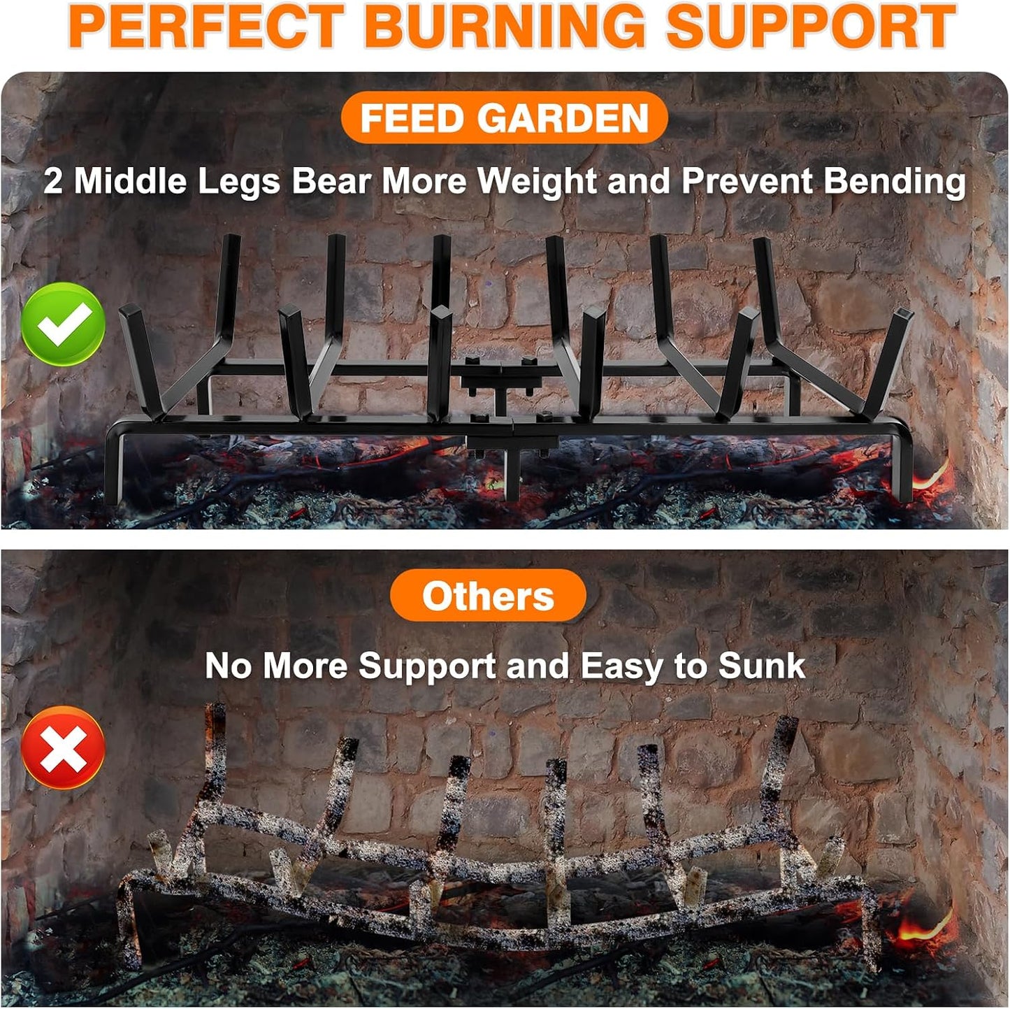 FEED GARDEN Fireplace Grate 24 inch Heavy Duty Fireplace Log Holder, 1/2" Solid Steel Bar Fire Pit Grate for Indoor Outdoor, Wood Stove Fireplace Accessories Wrought Iron Firewood Burning Rack