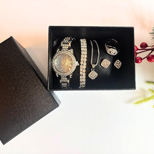OLALACLAYCO Rhinestone Watch Jewelry Set, 6-Piece Rose Gold Bling Set with Watch, Necklace, Bracelet, Ring & Earrings, Hip Hop Style Fashion Jewelry