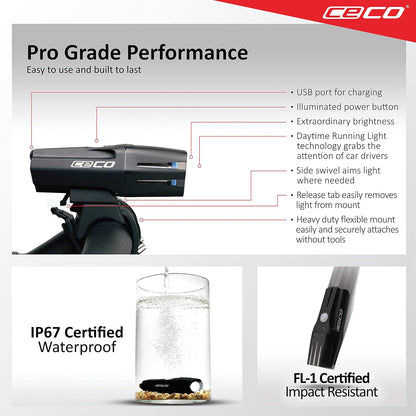 CECO F1200 1200-Lumen USB Rechargeable Bike Light, IP67 Waterproof & FL-1 Impact Resistant Bicycle Headlight with Flexible Handlebar Mount, 14 Modes, Black