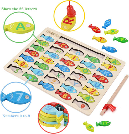 NASHRIO Magnetic Wooden Fishing Game for Kids, Alphabet & Number Fish Catching Puzzle, Wooden Preschool Learning Toy for Ages 3–5, ABC Math & Counting Educational Game
