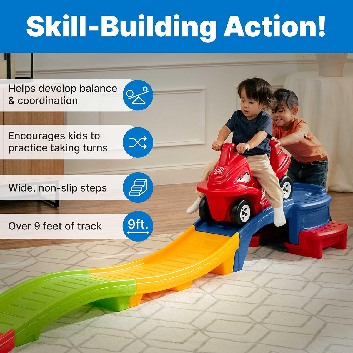 Step2 Up & Down Roller Coaster Kids Ride-On Toy, 9-Foot Track with ATV-Style Car, Indoor & Outdoor Toddler Playset, 50 lb. Weight Capacity, Multicolor