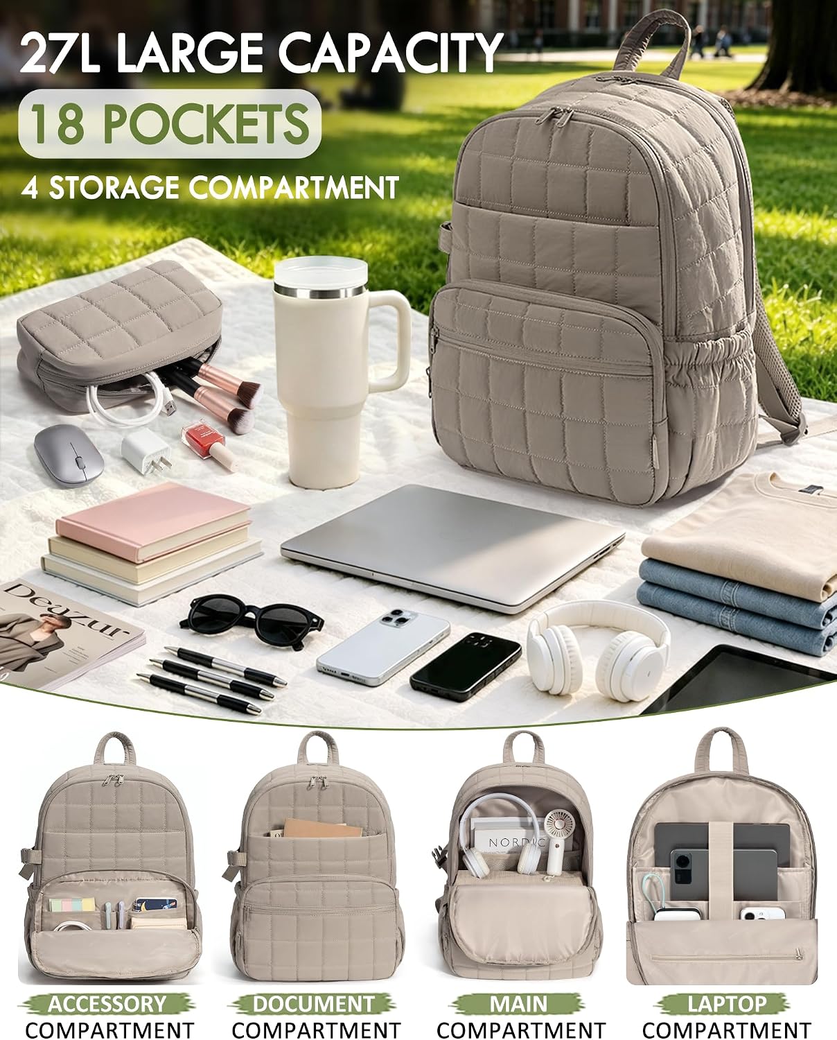 Bagstellar Travel Backpack for Women, 15.6" Puffer College Laptop Backpack 27L Quilted Work Back Pack w/ Double Zipper, 18 Pockets, Giant Tumbler Holder, Water Resistant Teacher Nurse Computer Bookbag