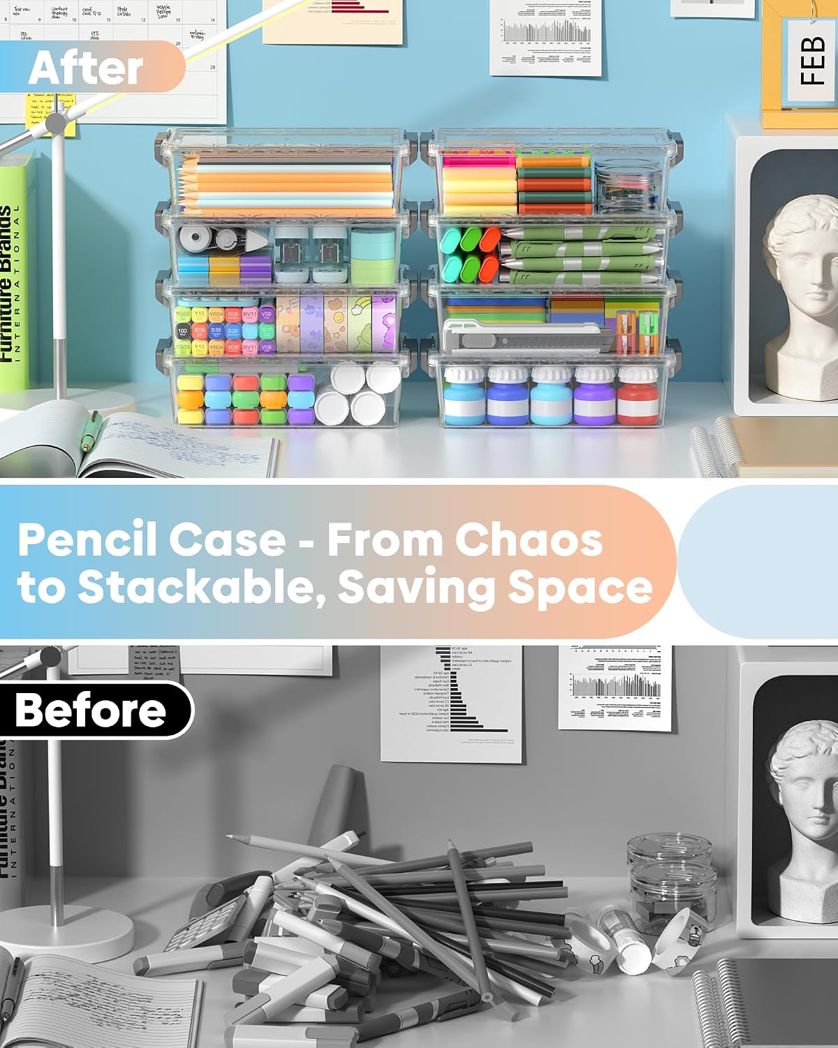 BiuLeon 8-Pack Large Pencil Box Set, Clear Plastic Pencil Cases with Snap-Tight Lids, Stackable Marker & Crayon Organizer Boxes for School, Office, Art & Craft Supplies, Grey