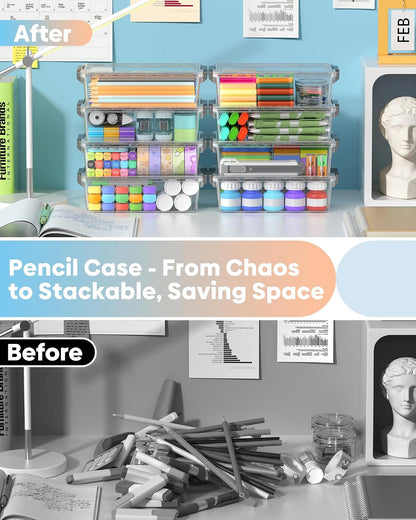 BiuLeon 8-Pack Large Pencil Box Set, Clear Plastic Pencil Cases with Snap-Tight Lids, Stackable Marker & Crayon Organizer Boxes for School, Office, Art & Craft Supplies, Grey