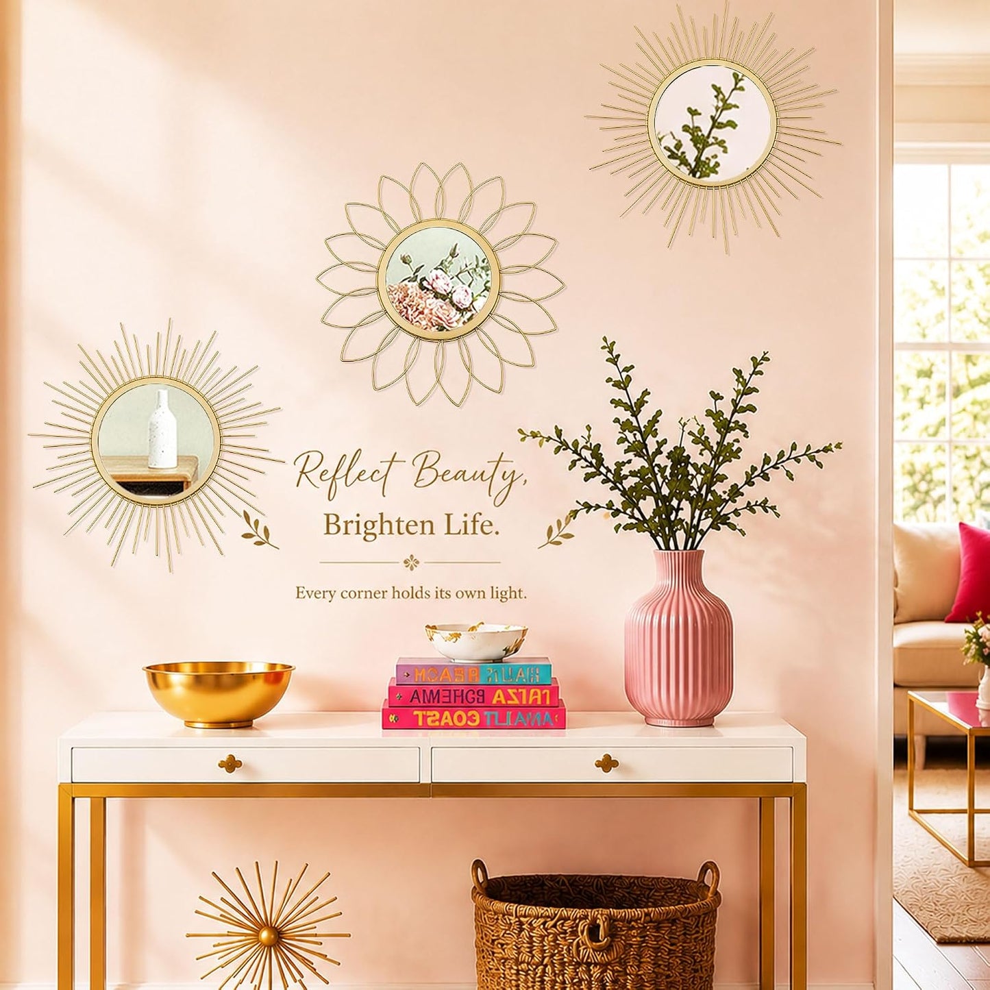 3 Pack Metal Mirrors for Wall Sunburst Wall Mirrors Home Décor Decorative Hanging Wall Art for Living Room Bedroom Entryway (Gold, Flower+Sunburst)