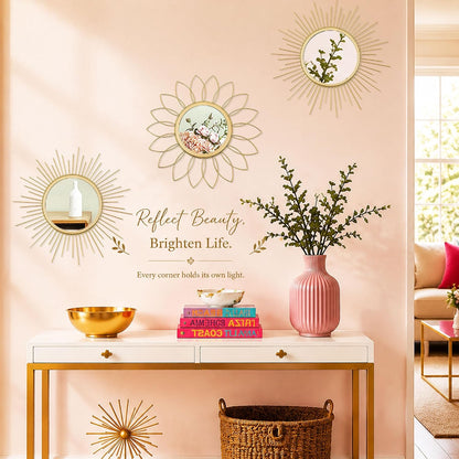 3 Pack Metal Mirrors for Wall Sunburst Wall Mirrors Home Décor Decorative Hanging Wall Art for Living Room Bedroom Entryway (Gold, Flower+Sunburst)