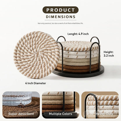 Lazebox Coasters Set of 8, 4-Inch Round Cotton Drink Coasters with Holder, Coffee