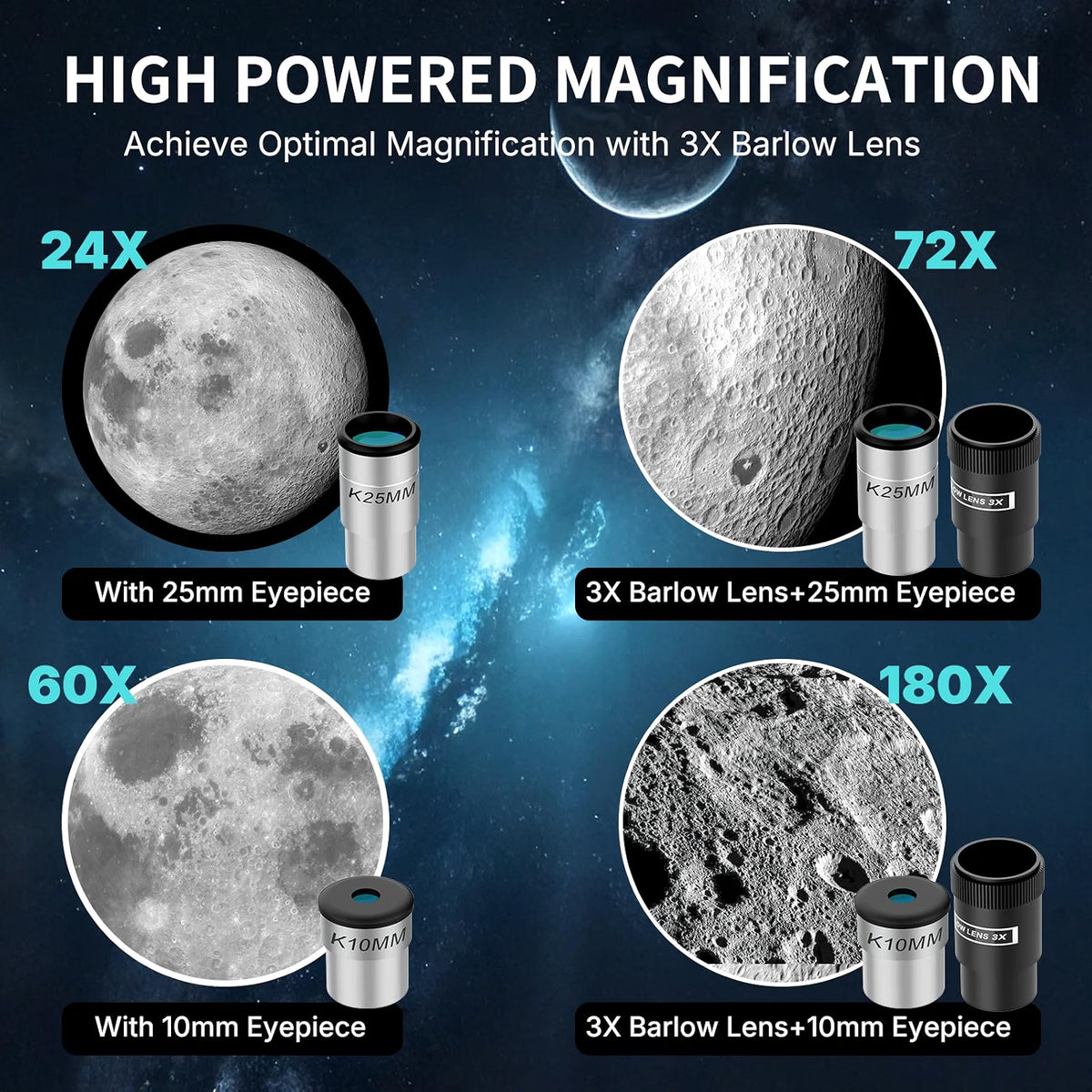 WOSPORTS 90mm Telescope for Adults & Beginners, 600mm Refractor Telescope with 180X Magnification, 10mm & 25mm Eyepieces, Adjustable Tripod, Phone Adapter & Carrying Case
