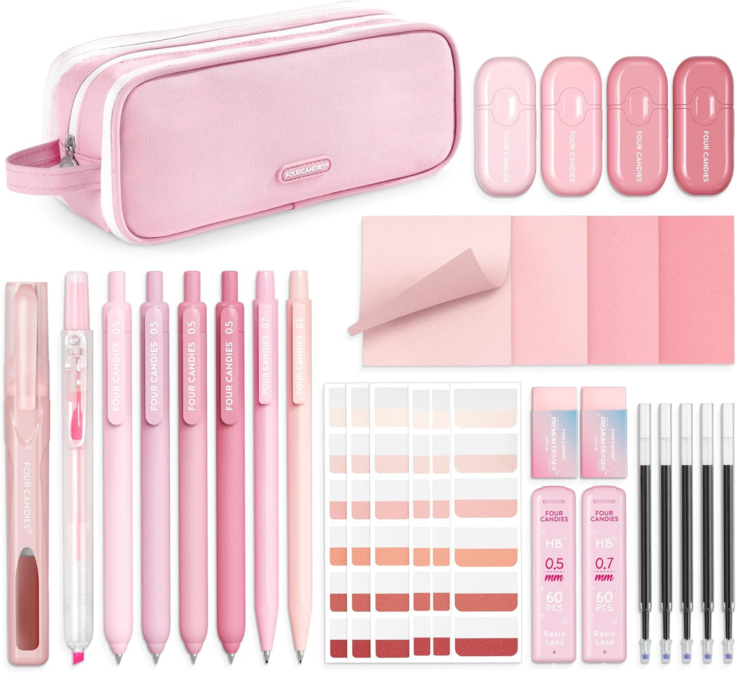 Four Candies Cute Aesthetic Pink School Supplies Kit for Girls